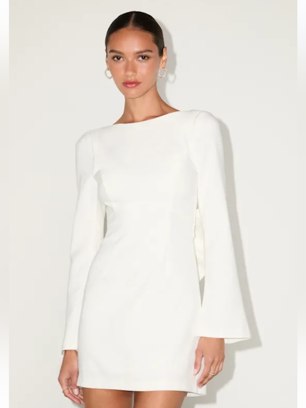 Lulus Elegant Cutie Ivory Bow Long Sleeve Backless Mini Dress Size Medium